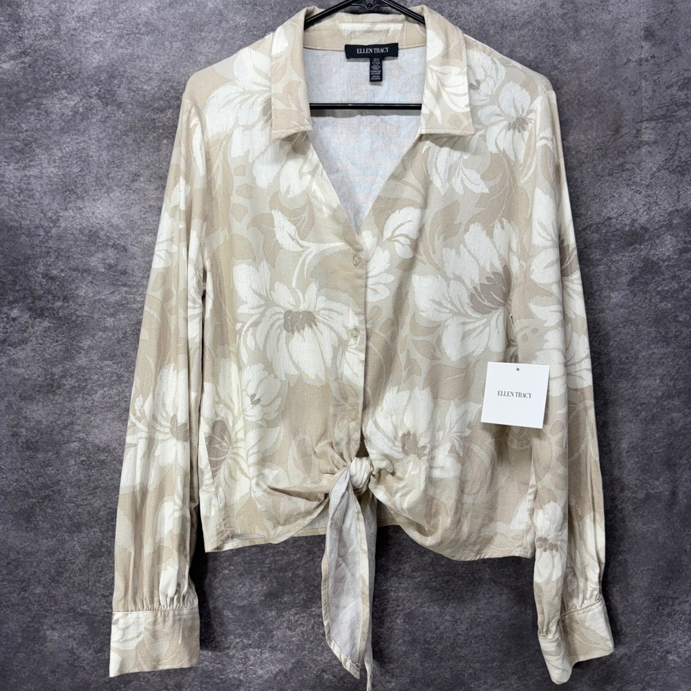 Ellen Tracy Tie Button Front Shirt Women's M Beige Aztec Floral Linen Blend